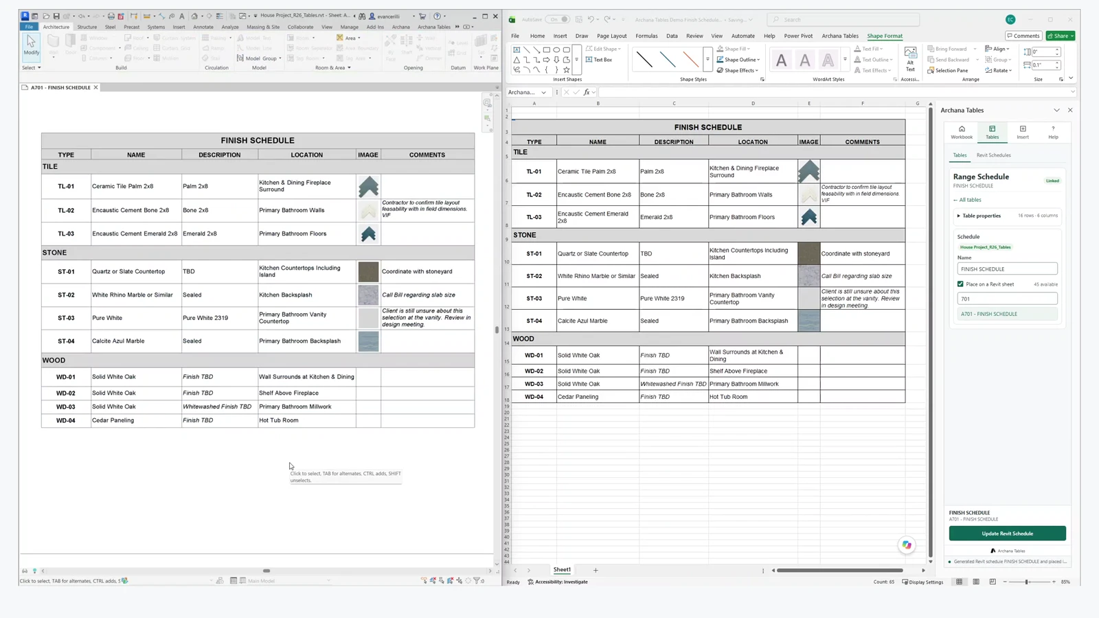 Archana Tables displaying a finish schedule side by side in Revit and Excel.